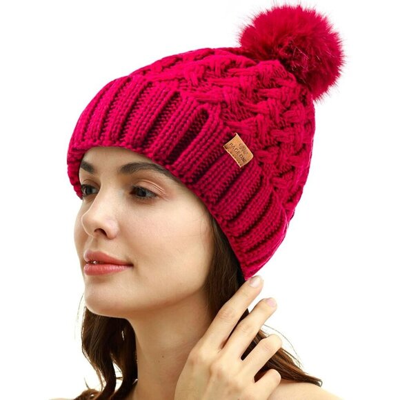 Women’s Rose Red Winter Ribbed Beanie Hat Chunky Cable Knit Pompom Warm
